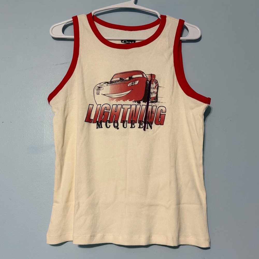 Disney Pixar Cars XL Lightning McQueen Ringer Tank Top Cream Red 2403